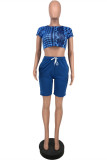 Blue Fashion Casual Print Basic O Neck Short Sleeve Two Pieces
