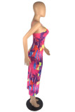 Multi-color Fashion Sexy Print Hollowed Out Fold Spaghetti Strap Sleeveless Dress
