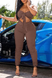 Camel Fashion Sexy Solid Hollowed Out Backless Fold Spaghetti Strap Skinny Jumpsuits