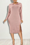 Pink Fashion Casual Solid Slit Turndown Collar Long Sleeve Dresses