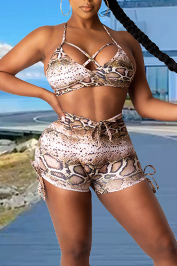 Light Brown Sexy Animal Print Print Patchwork Frenulum Halter Sleeveless Two Pieces