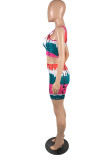 Rose Red Sexy Casual Print Backless One Shoulder Sleeveless Two Pieces