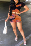 Rose Red Fashion Tie Dye Printing O Neck Short Sleeve Two Pieces