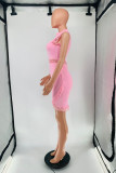 Pink Fashion Casual Solid Patchwork Half A Turtleneck Sleeveless Dress