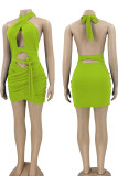 Fluorescent Green Sexy Solid Hollowed Out Patchwork Frenulum Backless Asymmetrical Halter Pencil Skirt Dresses