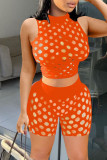 Blue Sexy Solid Hollowed Out Patchwork O Neck Sleeveless Two Pieces