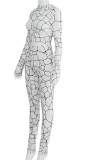 White Sexy Print Patchwork Half A Turtleneck Long Sleeve Two Pieces