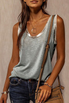Gray Blue Fashion Casual Solid Split Joint U Neck Tops