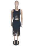 White Fashion Sexy Solid Tassel Hollowed Out O Neck Vest Dress