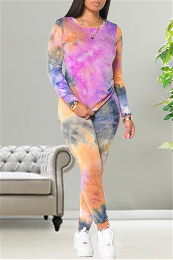 Fuchsia Fashion Casual Print Tie Dye Basic O Neck Long Sleeve Two Pieces