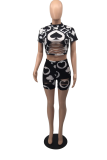 Black Casual Print Hollowed Out O Neck Short Sleeve Two Pieces