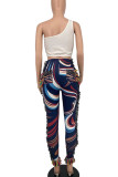 Coffee Casual Print Tassel Patchwork Oblique Collar Sleeveless Two Pieces