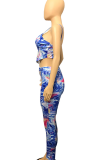 Blue Sexy Print Patchwork Spaghetti Strap Sleeveless Two Pieces