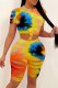 Orange Fashion Casual Print Tie Dye Ripped O Neck Short Sleeve Two Pieces