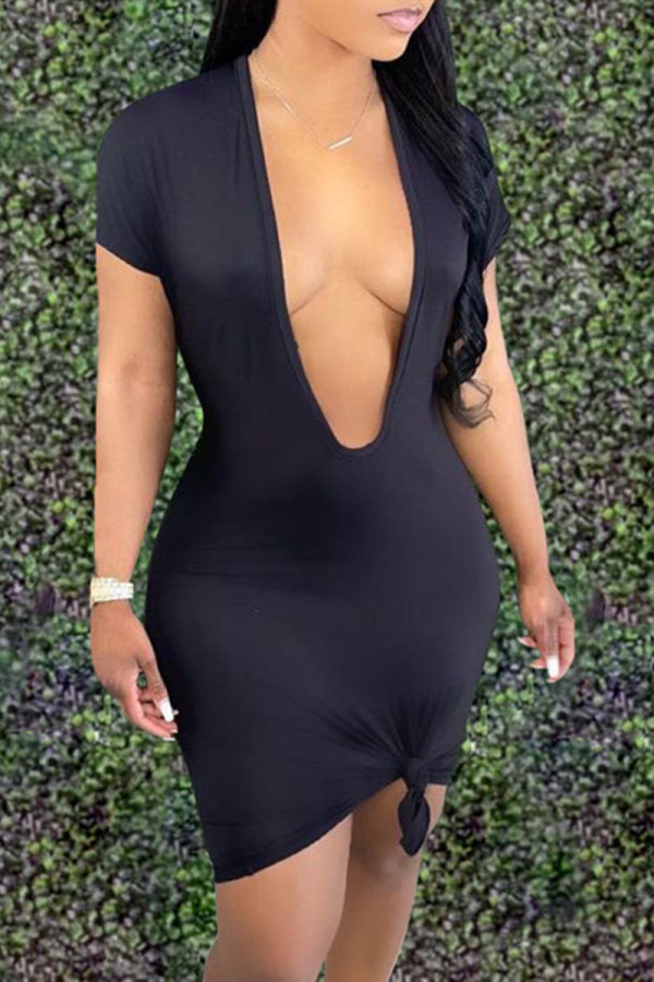 Black Fashion Casual Solid Basic V Neck Short Sleeve Dress Dresses
