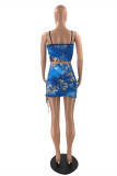 Blue Fashion Sexy Print Backless Spaghetti Strap Sleeveless Two Pieces