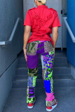Purple Fashion Casual Print Patchwork Regular High Waist Trousers