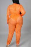 Tangerine Sexy Solid Split Joint See-through O Neck Plus Size Two Pieces