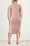 Pink Fashion Casual Solid Slit Turndown Collar Long Sleeve Dresses