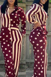 Burgundy Fashion Casual Print Patchwork Turndown Collar Regular Jumpsuits