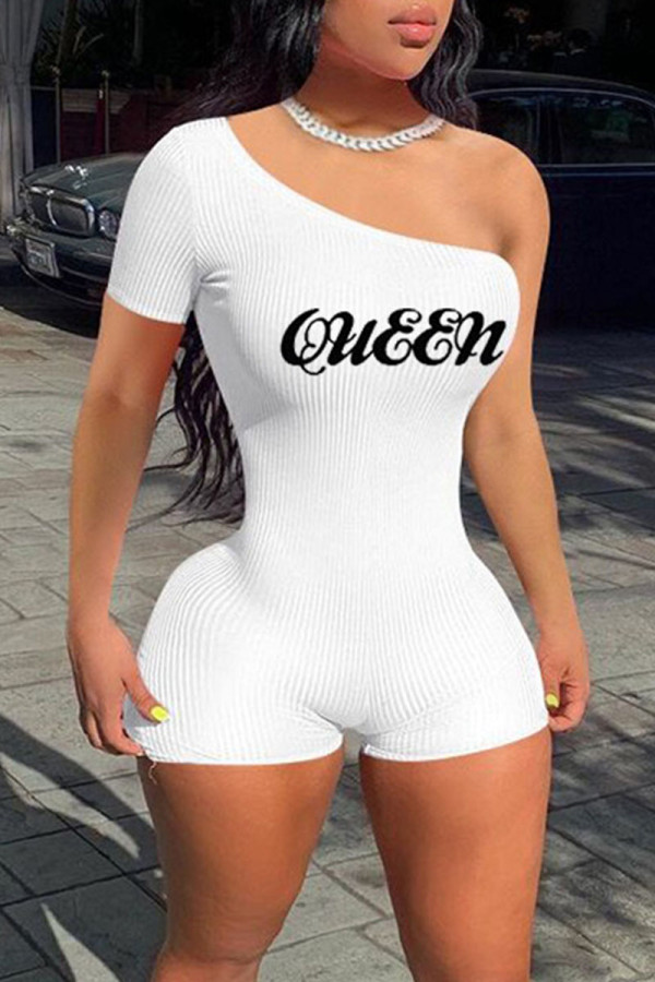 White Casual Letter Print Patchwork Oblique Collar Skinny Rompers