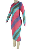 Rose Red Sexy Gradual Change Striped Print Patchwork O Neck Pencil Skirt Dresses