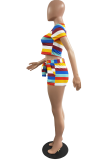 Colour Casual Striped Patchwork O Neck Short Sleeve Two Pieces