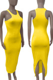 Fluorescent Yellow Casual Solid Patchwork O Neck Vest Dress Dresses