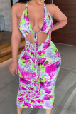 Blue Sexy Print Hollowed Out Halter Pencil Skirt Dresses