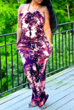 Blue Sexy Print Patchwork Halter Straight Jumpsuits
