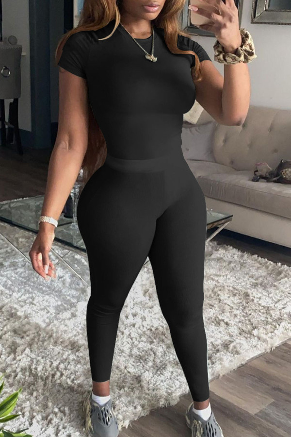 Black Casual Solid Patchwork O Neck Short Sleeve Two Pieces