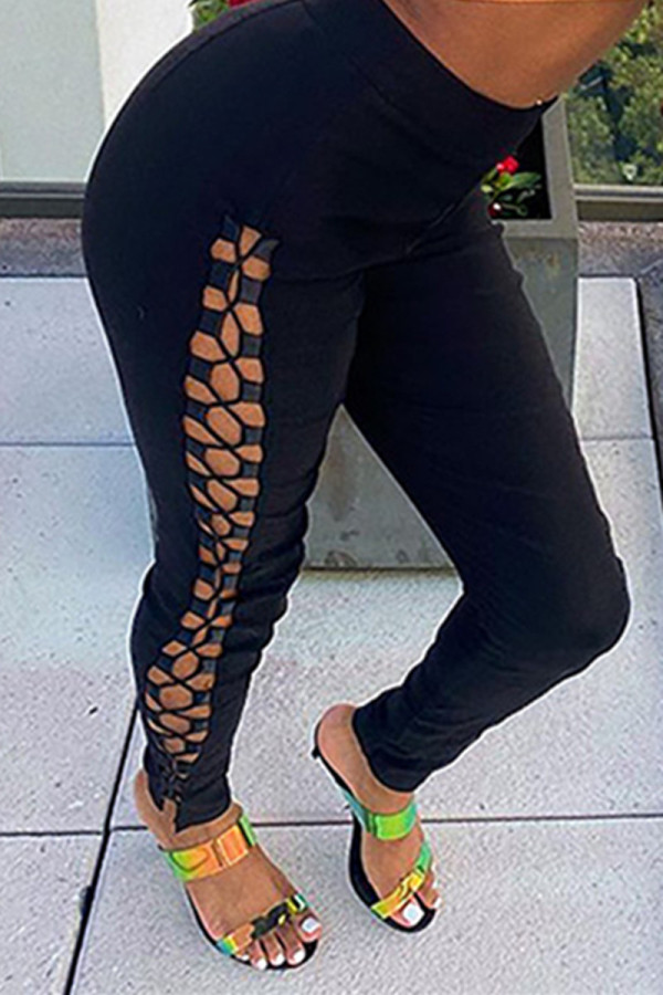 Black Fashion Casual Solid Hollowed Out Skinny High Waist Pencil Trousers