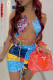Multicolor Sexy Print Patchwork Draw String Frenulum Fold Halter Sleeveless Two Pieces