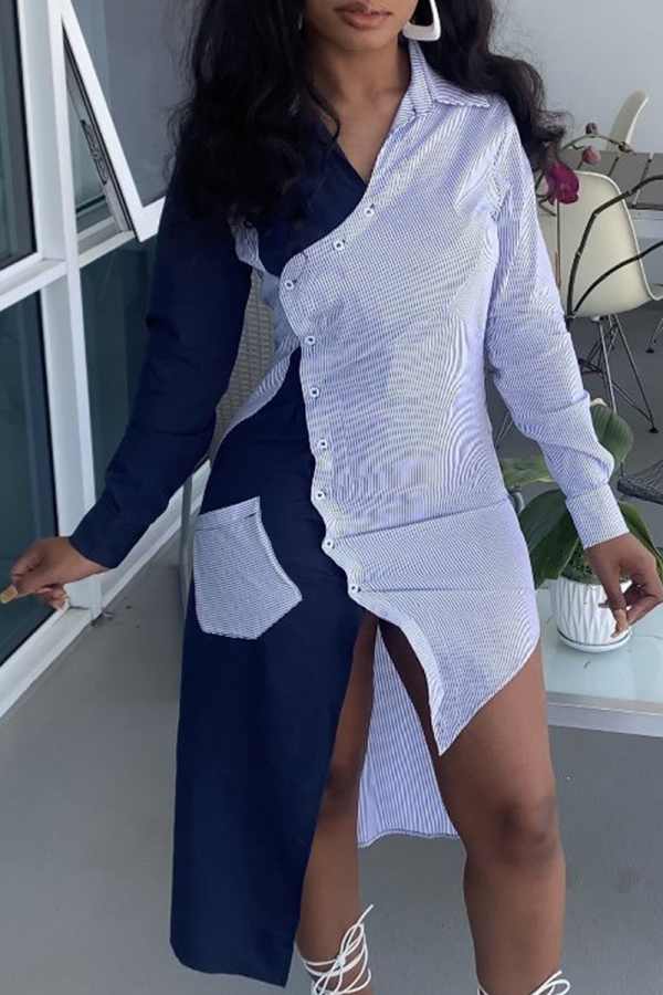 Tibetan Blue Casual Color Block Patchwork V Neck Irregular Dress Dresses