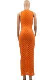 Orange Fashion Sexy Solid Hollowed Out See-through O Neck Vest Dress