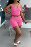 Pink Sexy Casual Solid Bandage Backless Halter Sleeveless Two Pieces