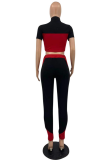 Red Sportswear Solid Patchwork V Neck Short Sleeve Two Pieces
