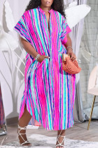 Rose Purple Casual Striped Print Split Joint Buckle Mandarin Collar Shirt Dress Dresses