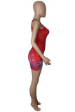 Red Sexy Casual Print Basic U Neck Vest Dress