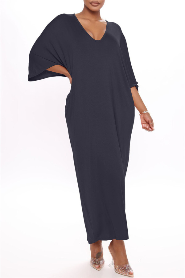 Black Fashion Casual Solid Basic V Neck Long Dress
