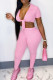 Pink Fashion Casual Bandage Turndown Collar Short Sleeve Two Pieces