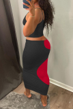 Rose Red Sexy Color Block Hollowed Out Spaghetti Strap Sleeveless Two Pieces