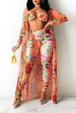 Rose Red Sexy Print Hollowed Out Halter Long Sleeve Three Pieces