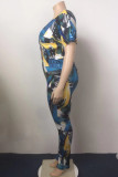 Blue Fashion Casual Print Basic V Neck Short Sleeve Two Pieces