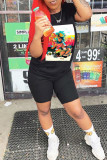 Black Fashion Casual Print Basic O Neck Short Sleeve Two Pieces
