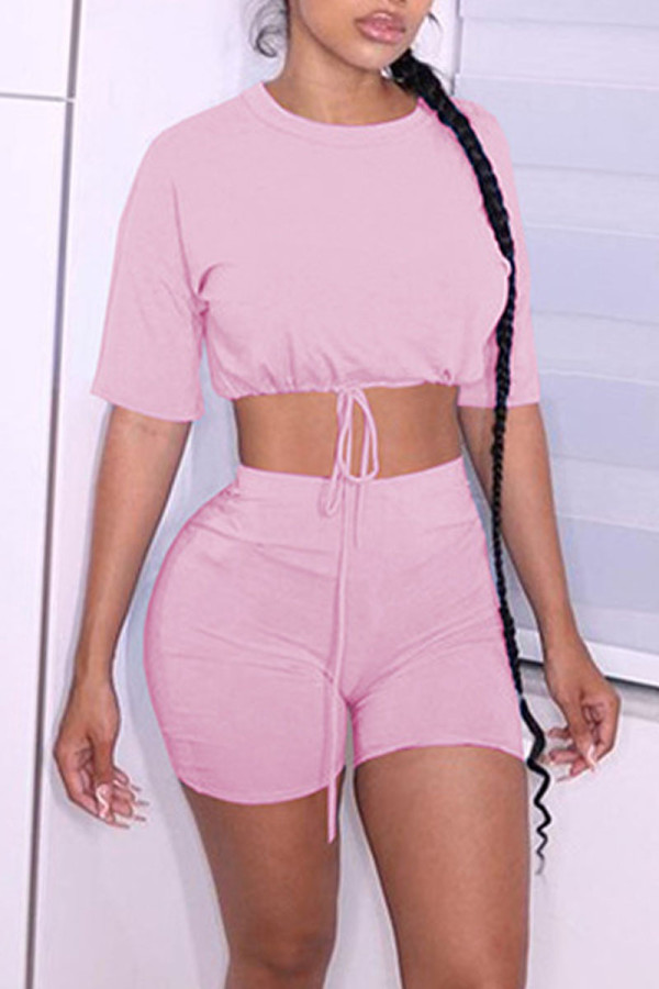 Pink Casual Solid Patchwork Draw String O Neck Half Sleeve Two Pieces