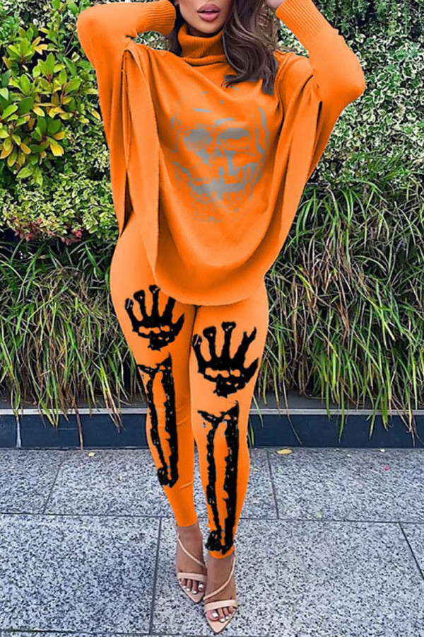 Orange Fashion Casual Print Basic O Neck Long Sleeve Two Pieces