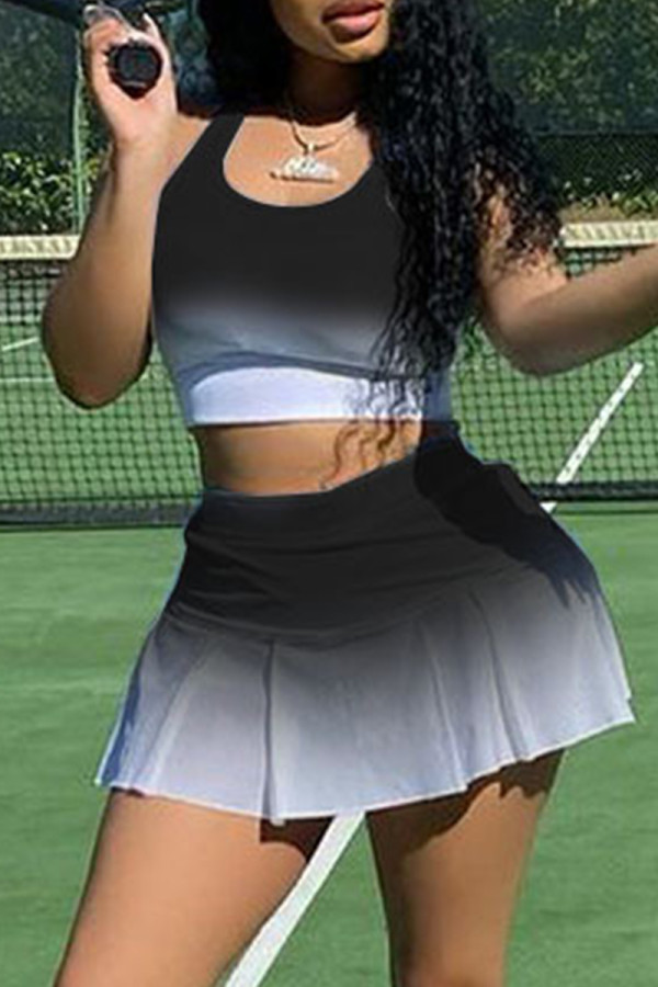 Black Sexy Sportswear Gradual Change Printing U Neck Sleeveless Two Pieces