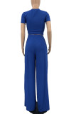 Blue Casual Solid Patchwork O Neck Short Sleeve Two Pieces