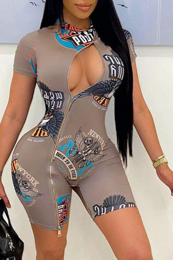 Grey Sexy Print Hollowed Out Half A Turtleneck Skinny Rompers